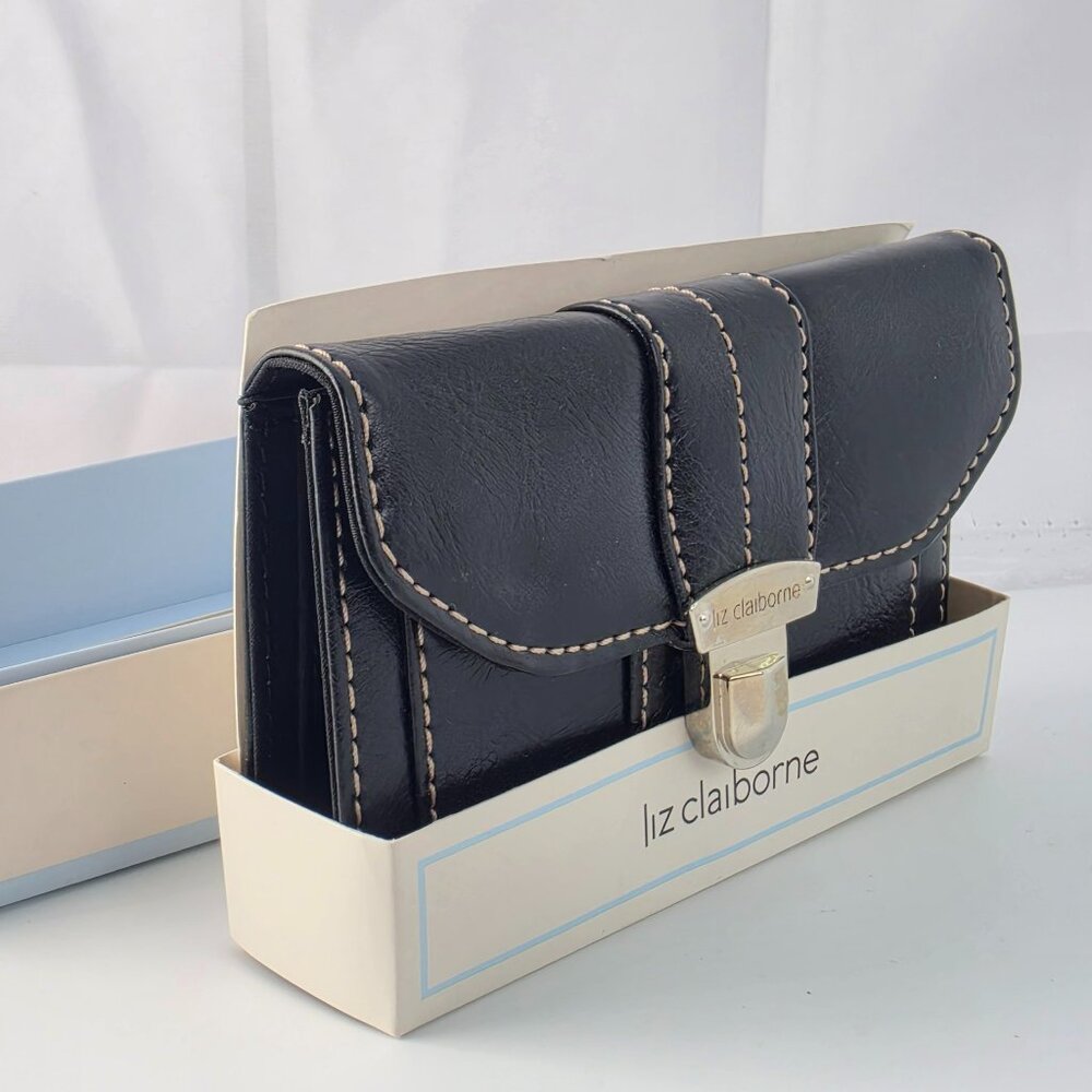 NIB NWT Liz Claiborne Suffolk Flats Black & Silver Women's Wallet Lots of Slots